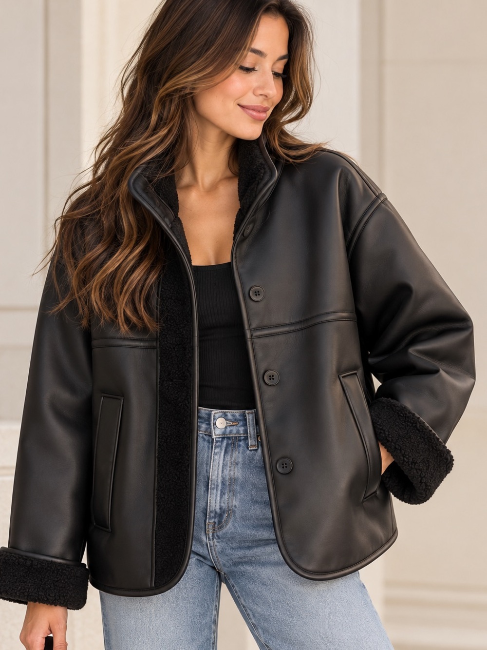 NWT Hollister Black Faux Leather Sherpa Lined Oversized Jacket Size M
